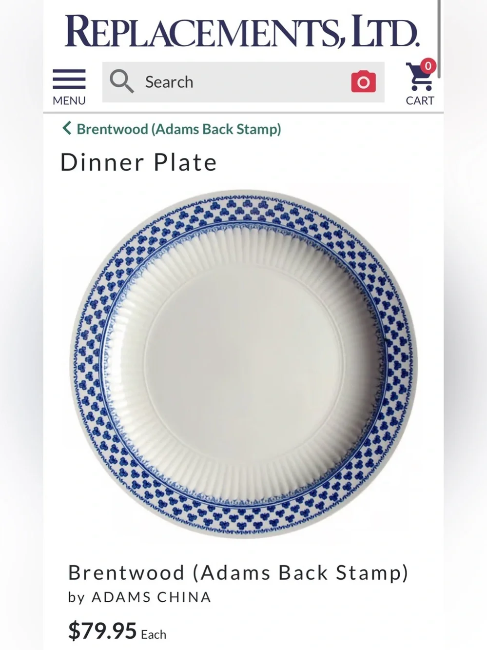 Vintage Ironstone Brentwood (Adams Back Stamp) 10 1/8 Dinner Plate Blue + White